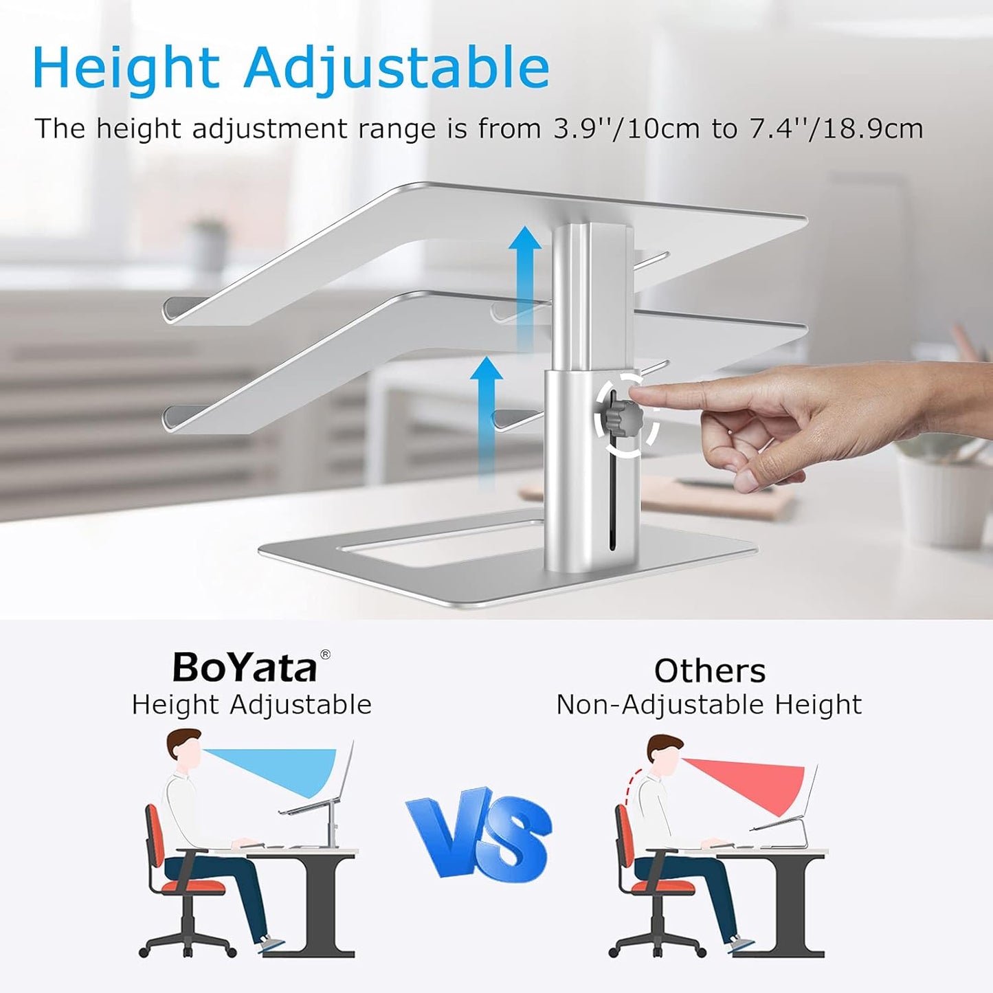 BoYata Laptop Stand, Ergonomic Aluminum Height Adjustable Computer Stand Laptop Holder for Desk, Compatible with MacBook Pro/Air, Dell, Lenovo, HP, Samsung, More Laptops 11-17" (Black)