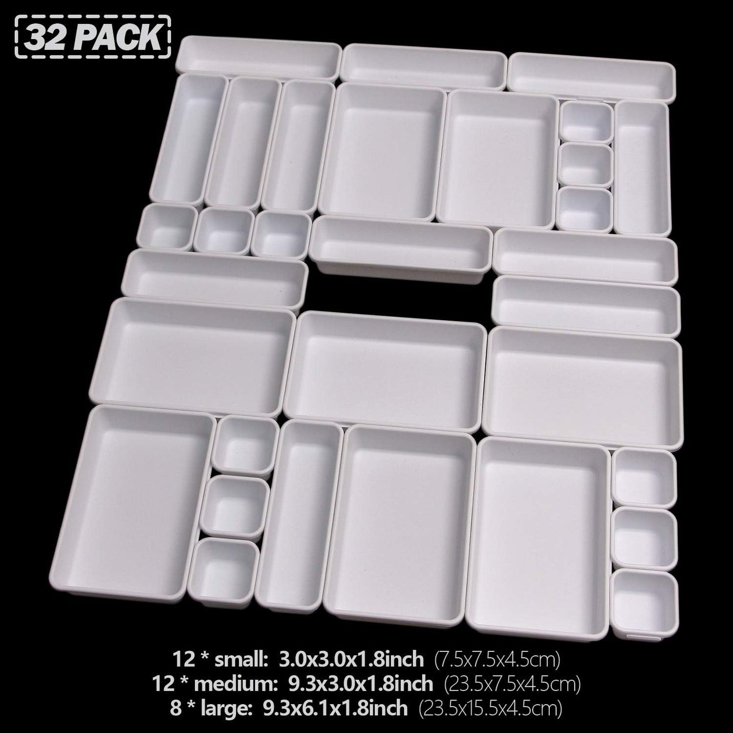 Set of 32 Interlocking Desk Drawer Organizer Tray Dividers Plastic Shallow Narrow Drawers Organizers Separators Storage Bins Container for Kitchen Bathroom Makeup Office Vanity Bedroom Dresser