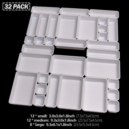 Set of 32 Interlocking Desk Drawer Organizer Tray Dividers Plastic Shallow Narrow Drawers Organizers Separators Storage Bins Container for Kitchen Bathroom Makeup Office Vanity Bedroom Dresser