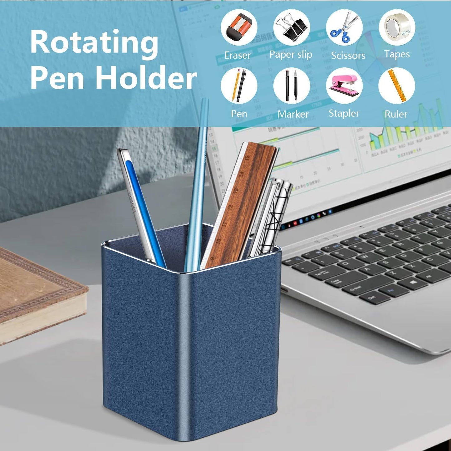 Pen holder, aluminum alloy waterproof pen holder, desktop simple and modern minimalist, multifunctional office supplies for families, kids and schools (blue)