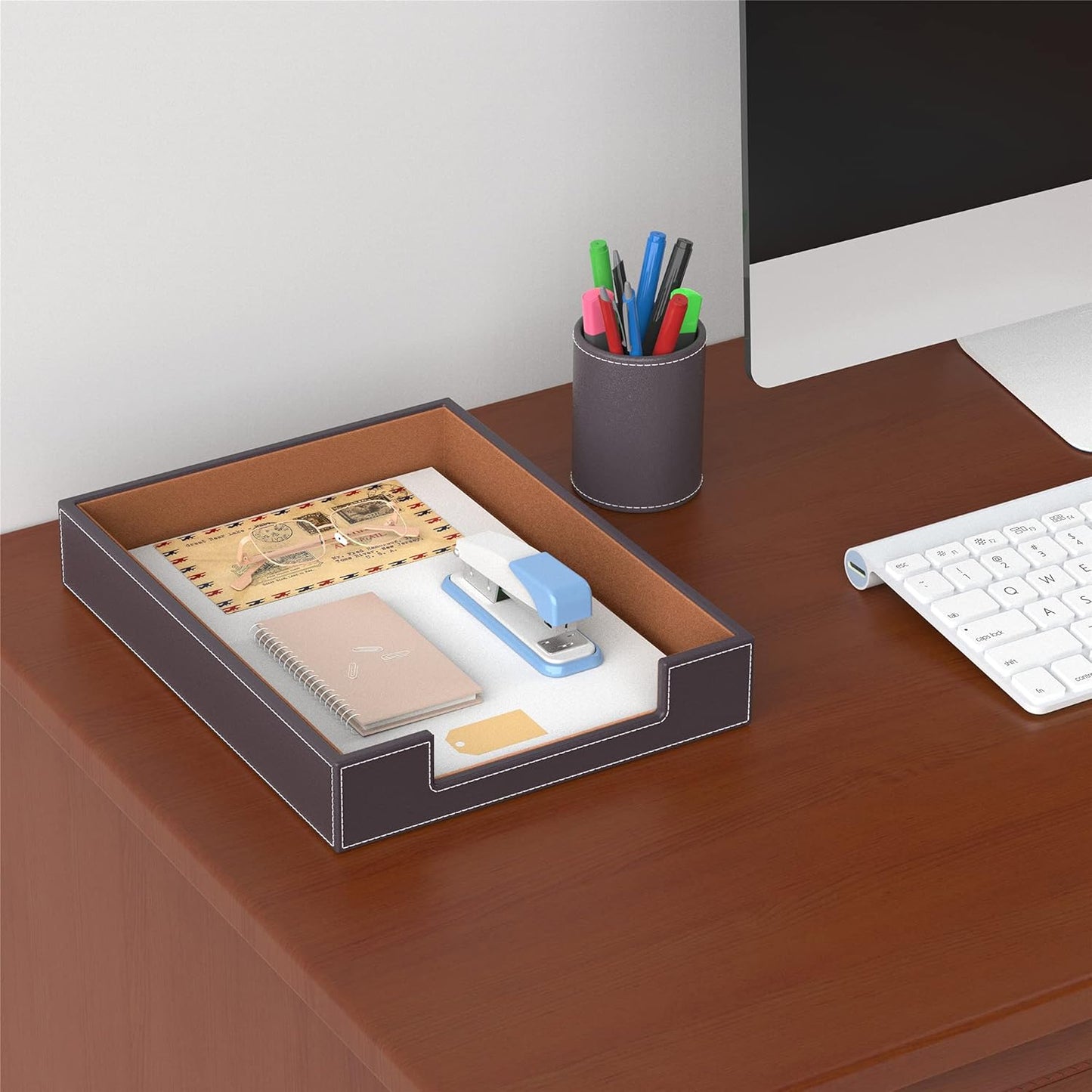 Leather Letter Tray, THIPOTEN Elegant Desk Organizer for Office Supplies, Mail, Paper, File, Magazine, Perfect Office Organization for Desktop(Grey)