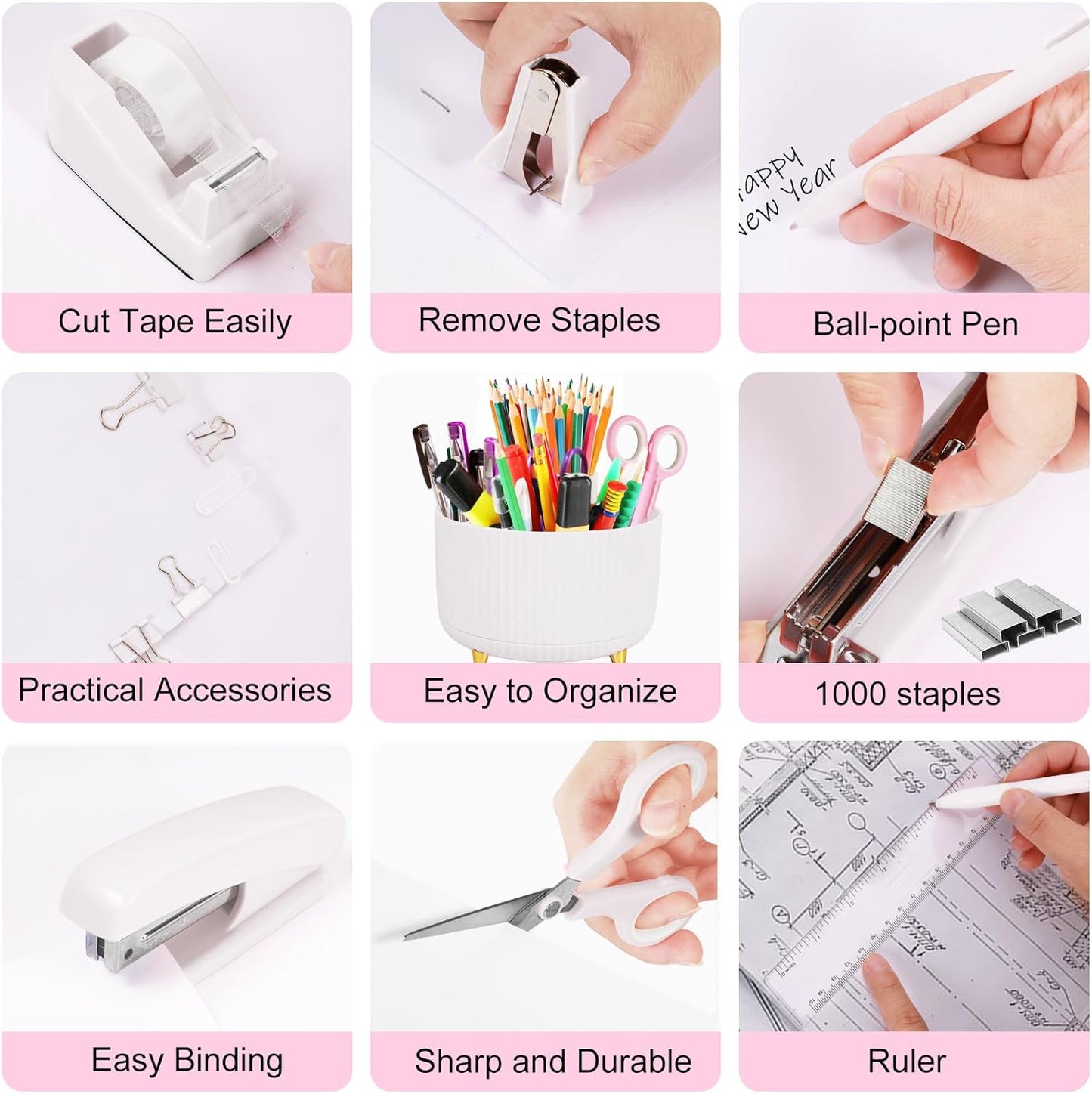 Gawsey Gold Desk Organizers and Accessories Set with 360-Degree Rotating Pen Holder, Acrylic Stapler, Tape Holder, Staple Remover, Binder/Paper Clips Kit, Scissor and 1 Box of Staples