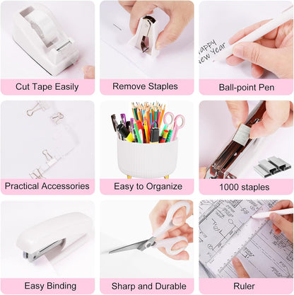 Gawsey Gold Desk Organizers and Accessories Set with 360-Degree Rotating Pen Holder, Acrylic Stapler, Tape Holder, Staple Remover, Binder/Paper Clips Kit, Scissor and 1 Box of Staples
