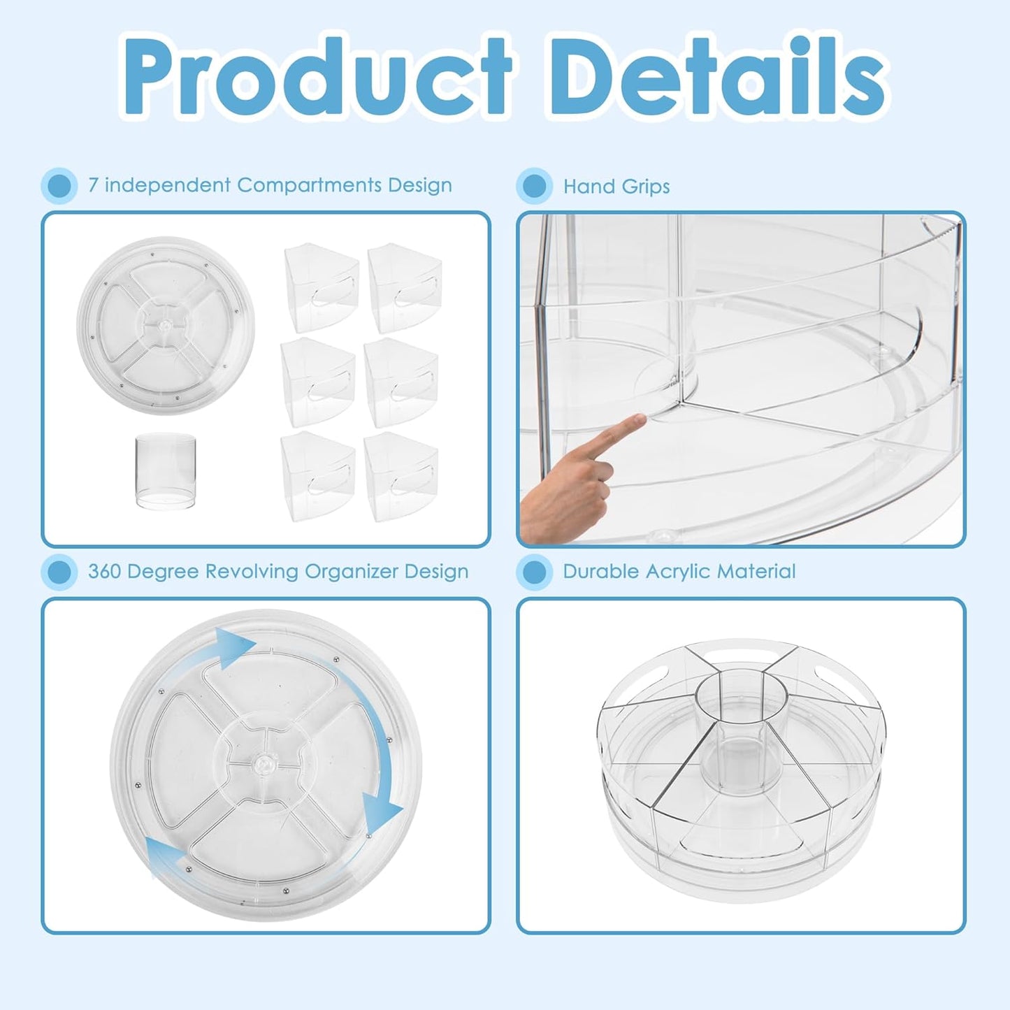 CraftGenes Rotating Desk Organizer, 360° Acrylic Pen Organizer for Desk with 7 Removable Compartments, Extra-Large Pen Holder for Office Supplies, Markers, and Art Supplies, Clear Pencil Holder