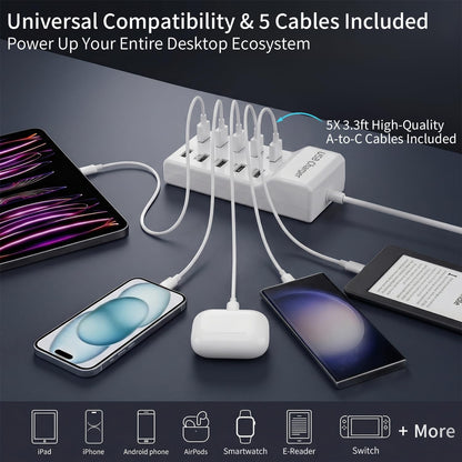 10-Port USB Charging Station 50W 10A with 5-Pack USB-A to C Cables, Ultra-Compact Multi Device Charger Block, Desktop Charging Hub Organizer for Phone, Tablet, Earbuds (White)