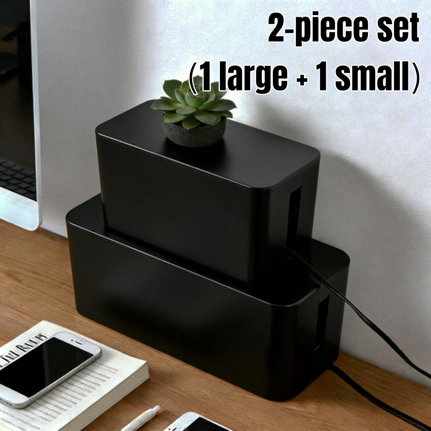 1Large+1Small Cable Organizer Set with 4 Silicone Cable Ties, 2-Piece Cable Management Box, Bamboo Lid Cord Organizer for Home Office,Set of Two Cable Box,Cable Organizer Box(Bamboo lid/White)