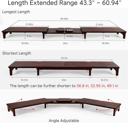 Nnewvante Monitor Stand Riser, 60 inch Large Bamboo Dual Monitor Stand for Desk, 3 Shelves Desktop Screen Riser with Adjustable Length Angle for Computer Laptop PC