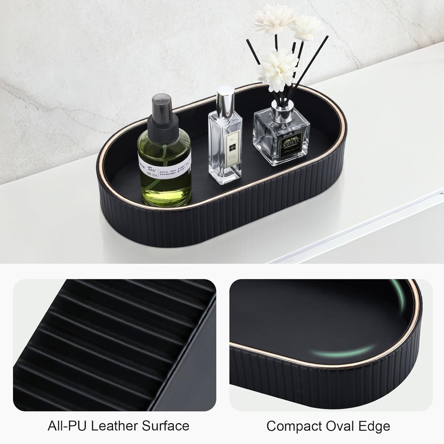 GORESE PU Leather Perfume Tray Nightstand Organizer, Small Oval Desk Tray Jewelry Trinket Trays Valet Organizer Key Bowl for Entryway Dresser Bathroom, Catchall Trays for Men Women, 11×5.9 in, Beige