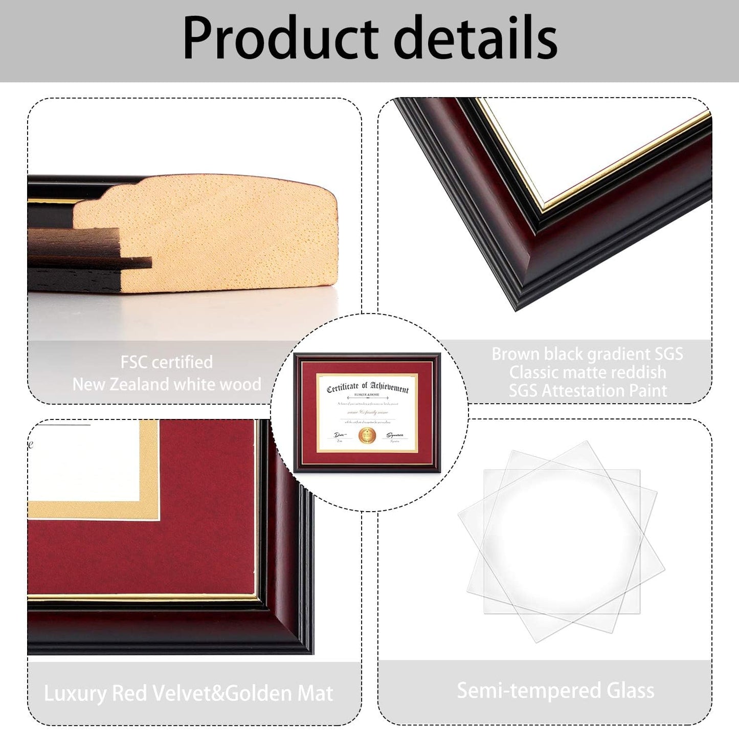 ELSKER&HOME Diploma Frame - Wide Solid Wood Frame - Black Velvet Golden Rim Mat - Semi-Tempered Glass - Includes Hanging Hardware and Desktop Easel(ONLY Display 11×14 Document/Certificate)