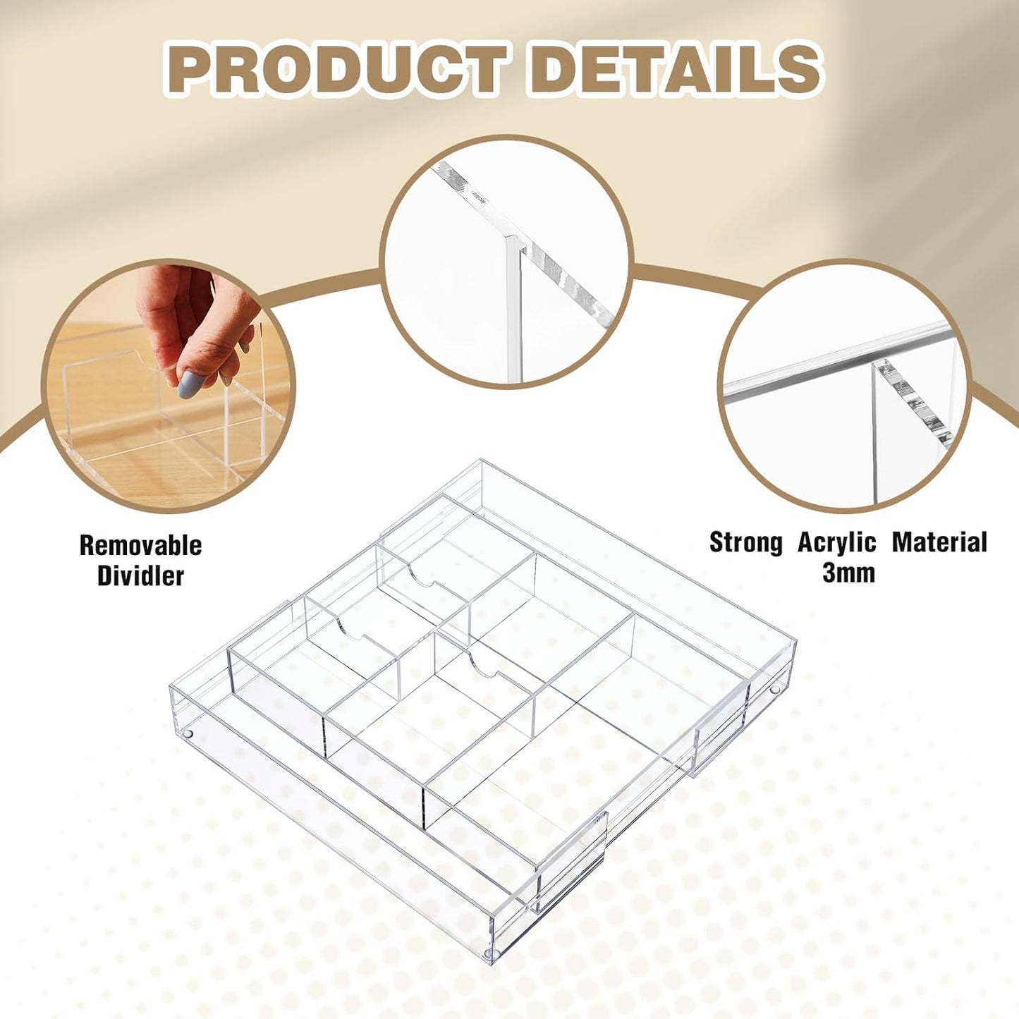 Briwooody 1 Pcs Acrylic Desk Drawer Organizer 9'' up to 16'' x 12'' x 2.2'' Expandable Drawer Organizer Trays with 10 Adjustable Compartments Clear Desk Accessories for Makeup Office Bathroom