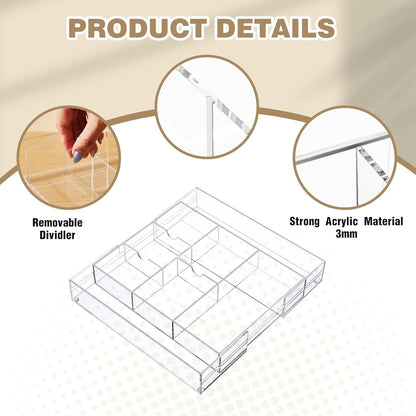Briwooody 1 Pcs Acrylic Desk Drawer Organizer 9'' up to 16'' x 12'' x 2.2'' Expandable Drawer Organizer Trays with 10 Adjustable Compartments Clear Desk Accessories for Makeup Office Bathroom