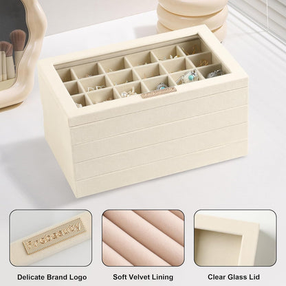 Frebeauty Stackable Jewelry Trays, Velvet Drawer Jewelry Organizer with Glass Lid,5 in 1 Multi-Functional Jewelry Storage for Earrings Necklaces Rings, 10.5 x 6.5 x 5.55 Inches Gift for Women(Beige)