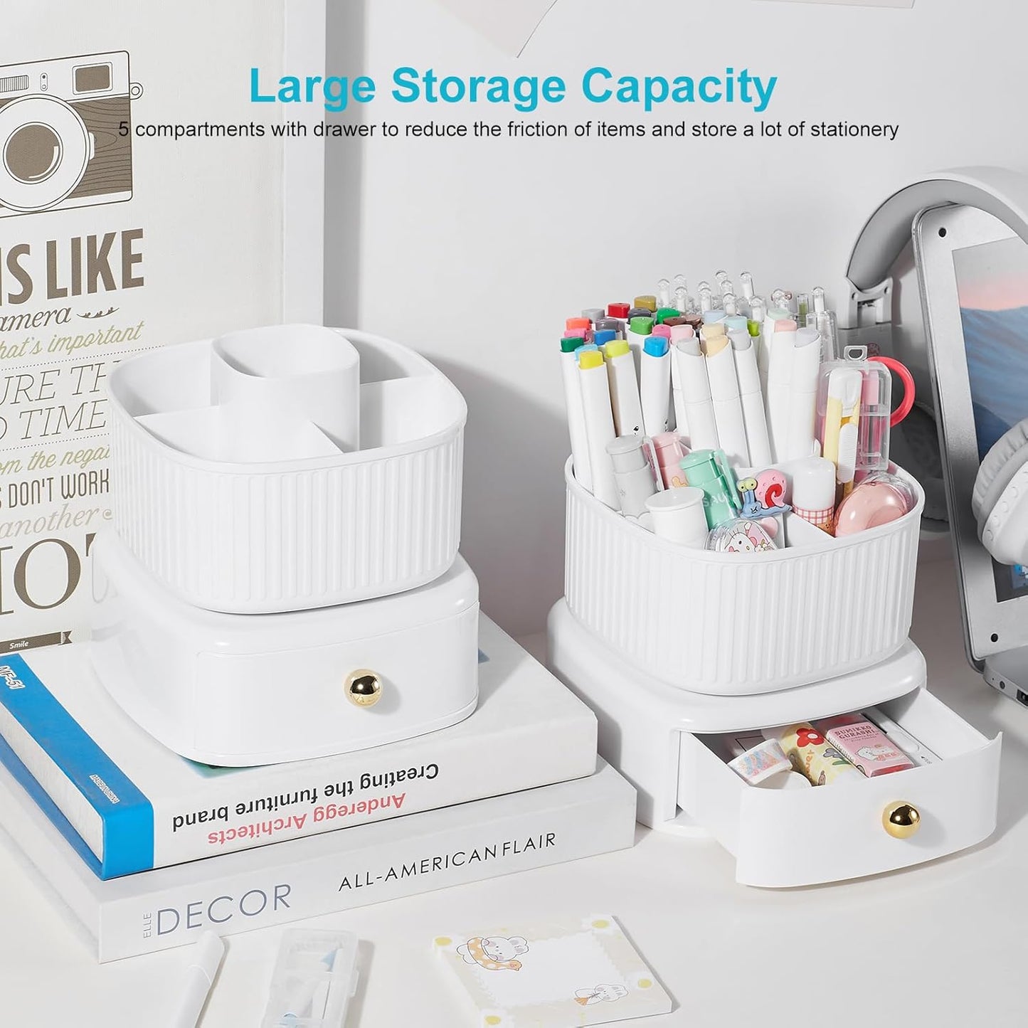 Desk Pencil Pen Holder, 5 Slots 360 Degree Rotating Pencil Pen Organizers for Desk Desktop Storage Stationery Supplies Organizer Cute Pen Cup for Office School Home Art Supply Cream Yellow