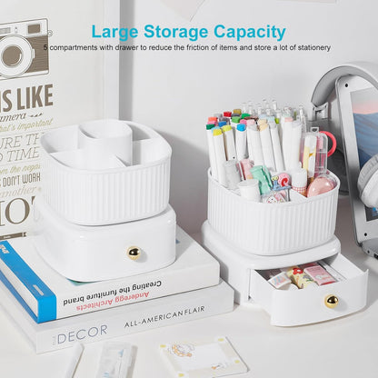 Desk Pencil Pen Holder, 5 Slots 360 Degree Rotating Pencil Pen Organizers for Desk Desktop Storage Stationery Supplies Organizer Cute Pen Cup for Office School Home Art Supply Cream Yellow