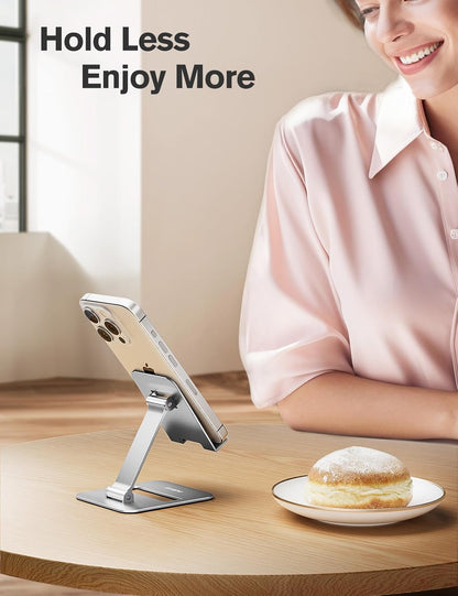 Nulaxy 2 Pack Dual Folding Cell Phone Stand, Fully Adjustable Phone Holder for Desk, Compatible with iPhone 17 16 15 14 13 12 11, Nintendo Switch, All Phones, Black & Rose Gold