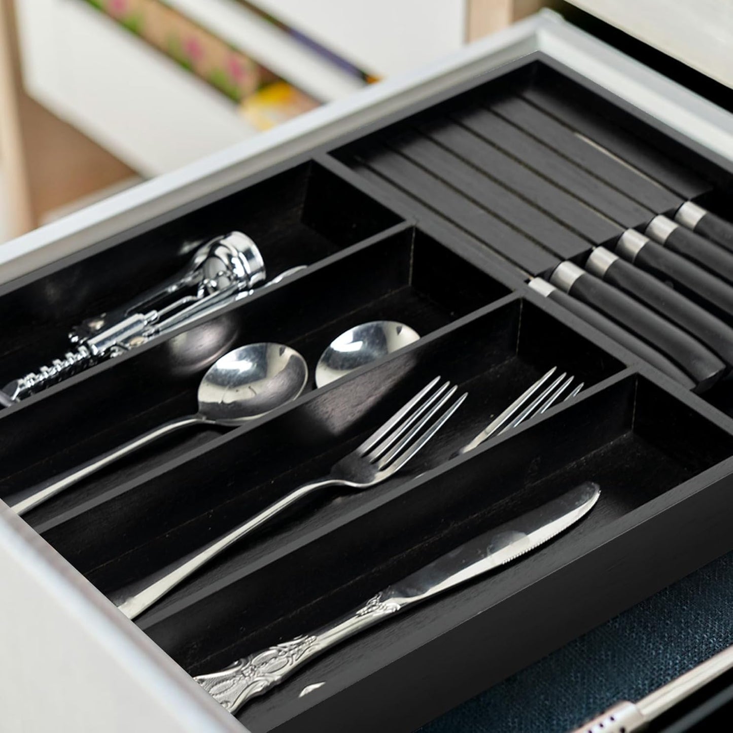 VaeFae Bamboo Silverware Drawer Organizer Kitchen, Expandable Utensil Organizer with Knife Block, Cutlery Tray with Divider, Multifunctional Drawer Organizer