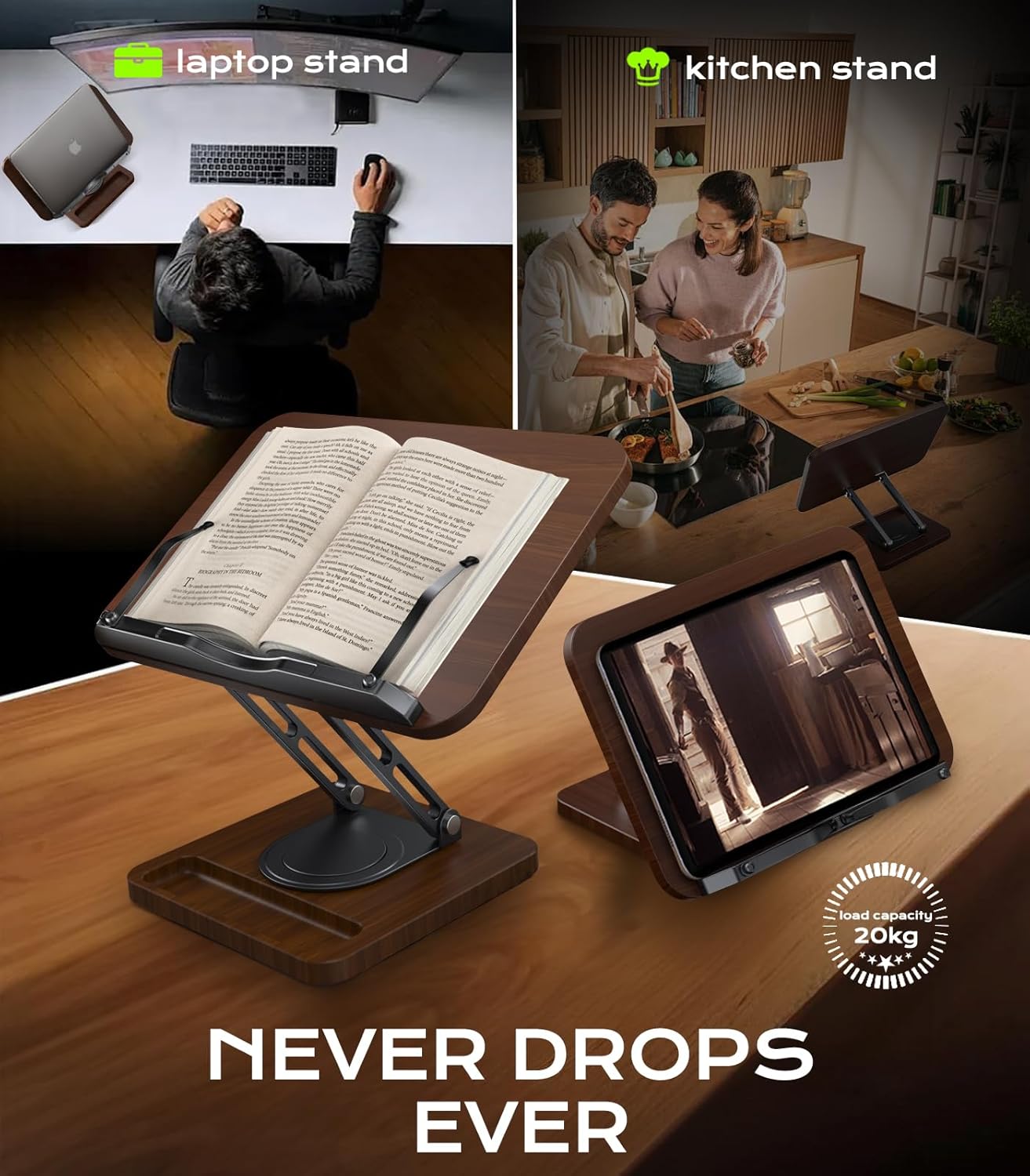 Book Stand for Reading, Adjustable Book Holder with 360°Rotating Bases, Ergonomic Cookbook Stand Recipe Book Holder with Elastic Page Clips for Magazines, Tablets, Laptops,Black