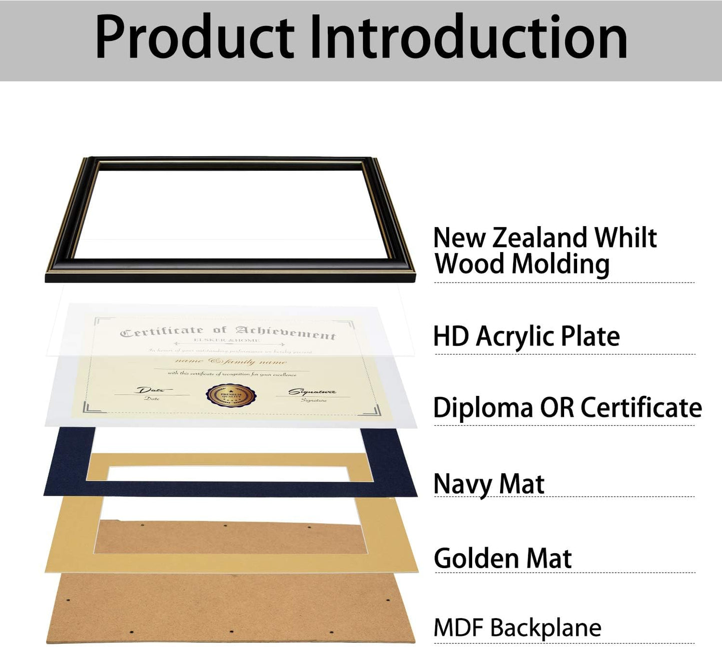 ELSKER&HOME Diploma Frame - Wide Solid Wood Frame - Black Velvet Golden Rim Mat - Semi-Tempered Glass - Includes Hanging Hardware and Desktop Easel(ONLY Display 11×14 Document/Certificate)