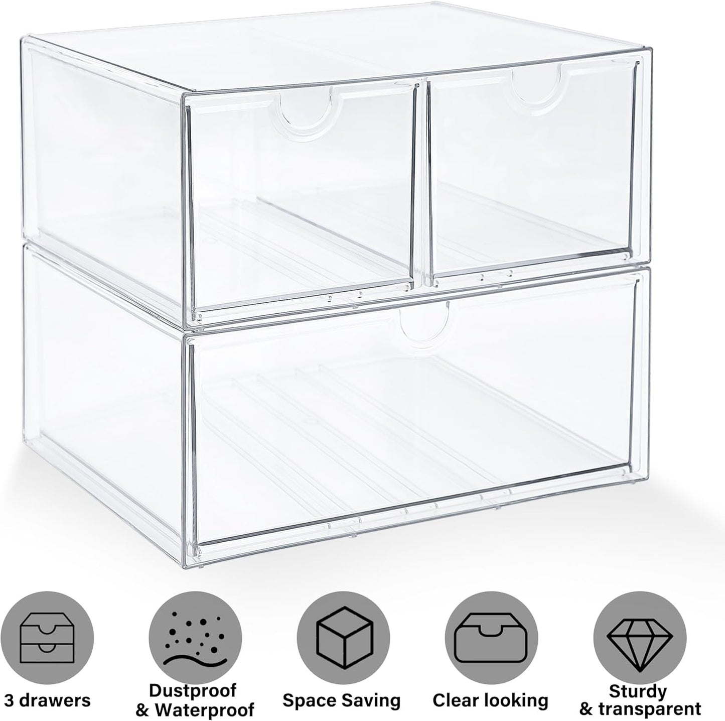 Prsildan Acrylic Makeup Organizer, 2 Pack Stackable Storage Drawers with 6 Drawers for Office Desk Vanity Craft Room Clear Drawer Organizers for Hair Accessories Art Supplies Cosmetics Modular System