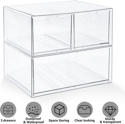 Prsildan Acrylic Makeup Organizer, 2 Pack Stackable Storage Drawers with 6 Drawers for Office Desk Vanity Craft Room Clear Drawer Organizers for Hair Accessories Art Supplies Cosmetics Modular System