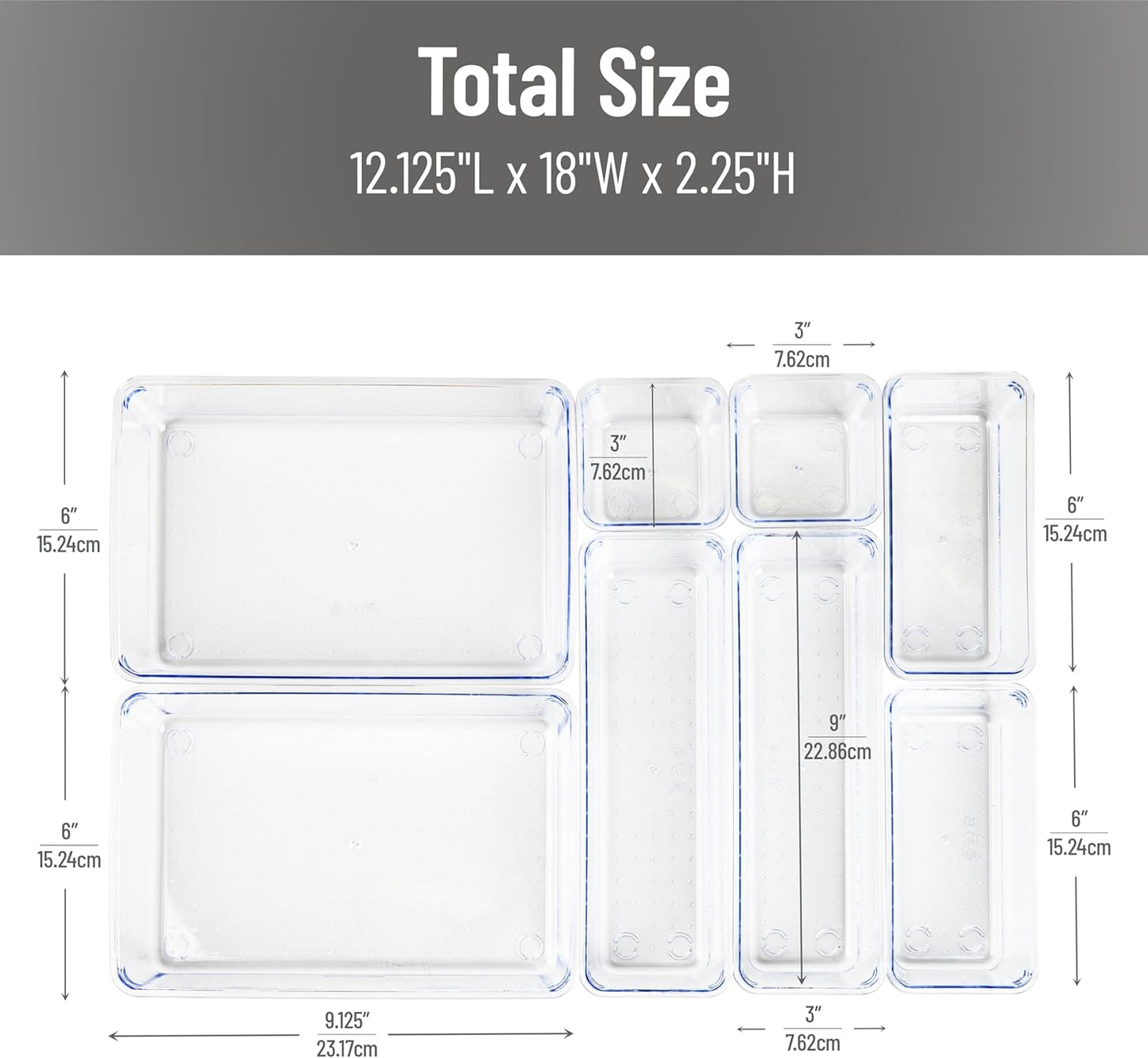 Mind Reader 8-Piece Drawer Organizer Set, Storage Trays for Kitchen, Bathroom, Office, Makeup, Jewelry & More, Junk Drawer Tray, Utensil Holder, Plastic, Clear