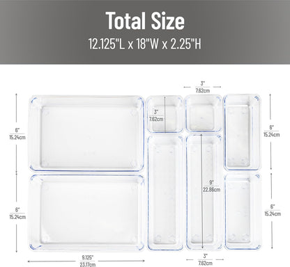 Mind Reader 8-Piece Drawer Organizer Set, Storage Trays for Kitchen, Bathroom, Office, Makeup, Jewelry & More, Junk Drawer Tray, Utensil Holder, Plastic, Clear