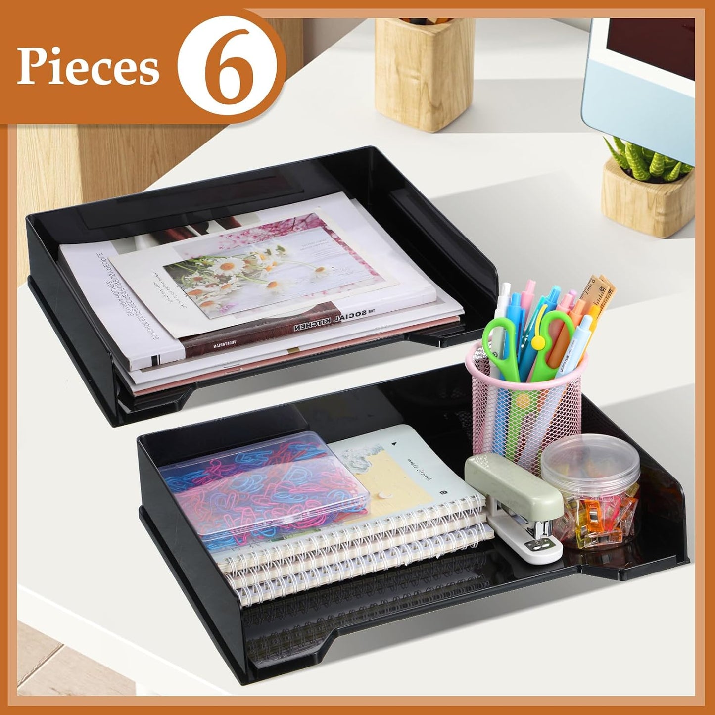 DoubleFill 12 Pcs Stackable Letter Tray Rectangular Plastic Desk Organizer 13 x 9.5 x 2.6 in Paper Holder File Tray Accessories Rack for Desktop Office Desk Drawers (Clear)