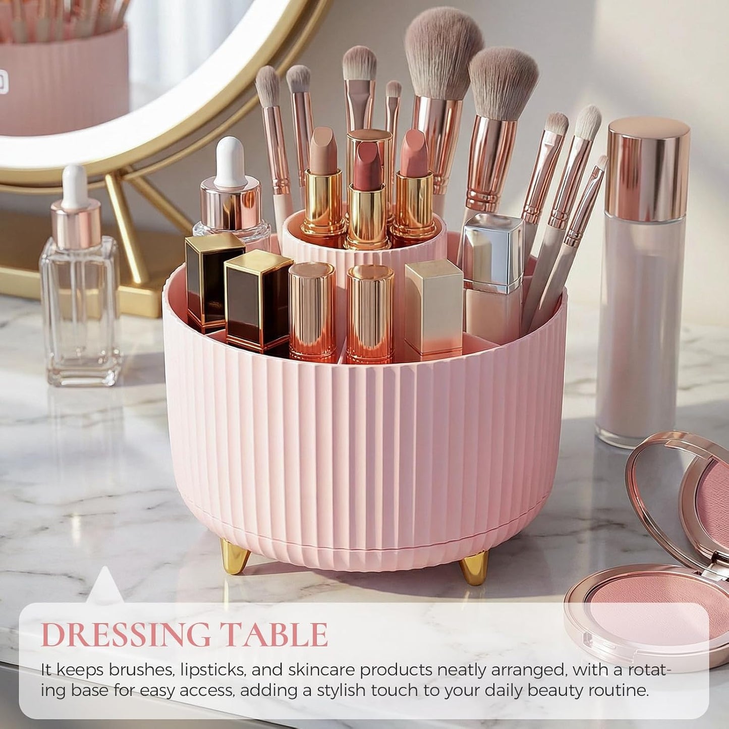 KONVINIT Pencil Pen Holder for Desk, 5 Slots 360 - Degree Rotating Desktop Organizer, Cute Desk Organizers and Accessories for School, Home, Office and Art Supply, Beige