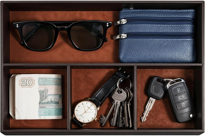 Faux Leather Valet Tray for Men, PU Leather Stackable Jewelry Tray, Men's Nightstand Caddy Trays, Valet Trays Desk Organizer for Key, Wallet, Phone, Coin, Sunglass, Watch, Brown