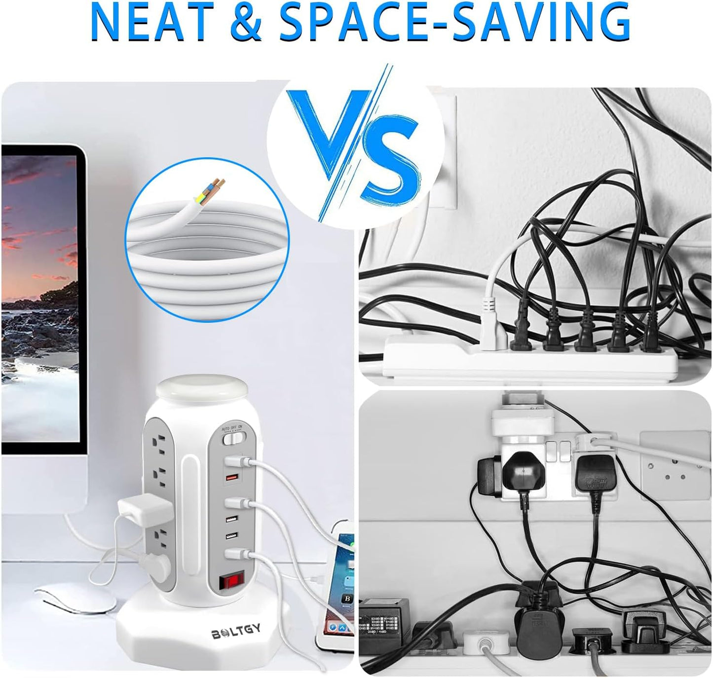 Flat Plug Total Fast Charging Station, Protector with 15 AC Outlets and 6 USB Ports (2 Fast Charge), Tower Surge Protector Power Strip, 6.5FT Extension Cord for Home Office Dorm Room.