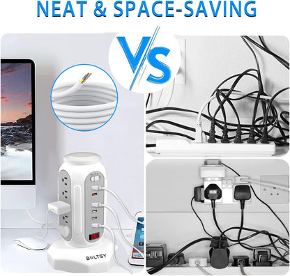 Flat Plug Total Fast Charging Station, Protector with 15 AC Outlets and 6 USB Ports (2 Fast Charge), Tower Surge Protector Power Strip, 6.5FT Extension Cord for Home Office Dorm Room.