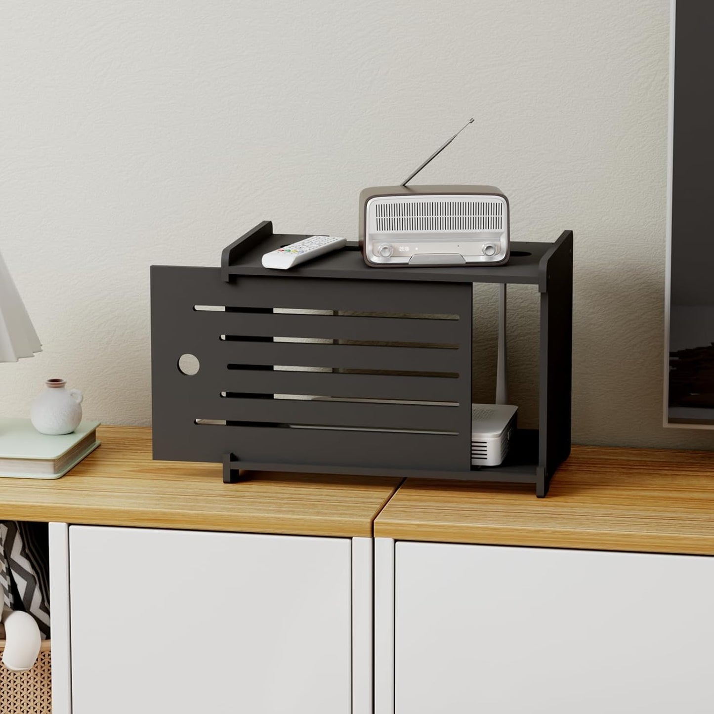 Wooden WiFi Router Storage Box Hider Shelf, Decorative Projector Box Hider Rack Countertop, for Cable, Modem, Internet, Router Power Cover Storage Organizer Cabinet Wall Mounted, Solid Wood