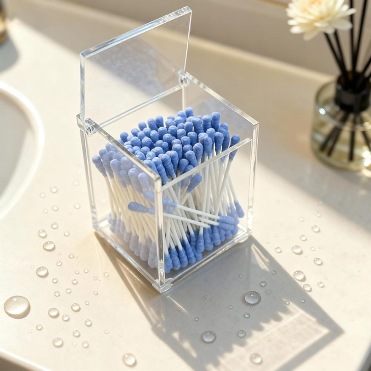 Clear Acrylic Cotton Swab Ball Holder Qtip Organizer with Lid 2-Grid Canister for Make Up Pads, Floss Picks, Vanity Storage,Bath Salts, Cosmetics, Home Bathroom Decor (DP004)