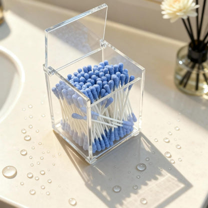 Clear Acrylic Cotton Swab Ball Holder Qtip Organizer with Lid 2-Grid Canister for Make Up Pads, Floss Picks, Vanity Storage,Bath Salts, Cosmetics, Home Bathroom Decor (DP004)