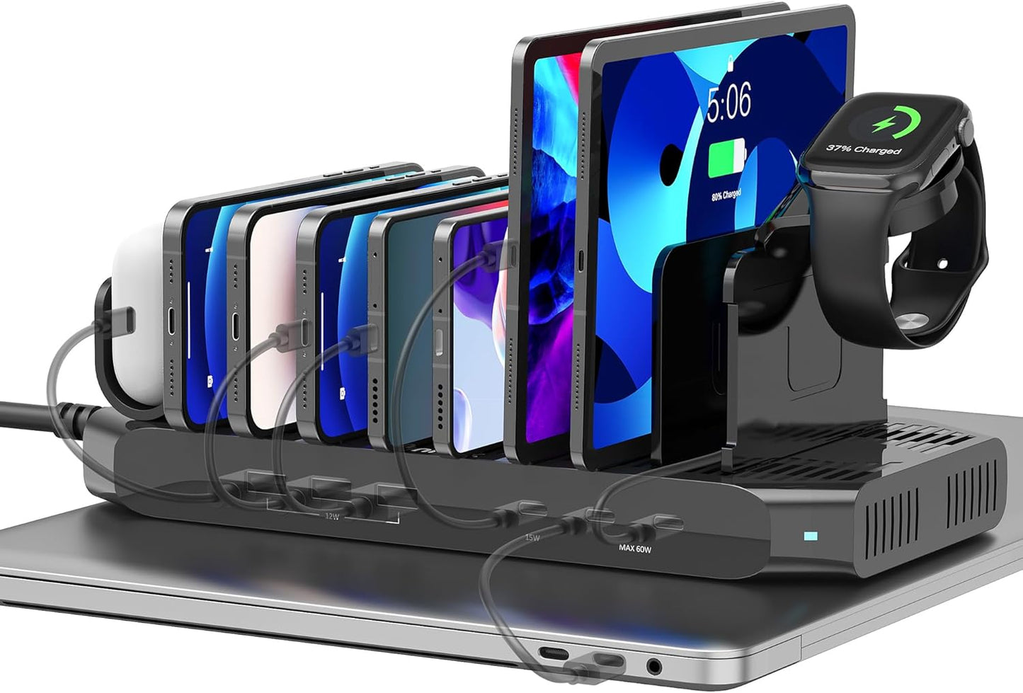 Unitek 10-Port Desktop Charging Dock Ultimate Charging Station for Multiple Devices, iPhones & Apple Products High-Speed USB Hub with LED Display for Office, Kitchen Counter, Desk Organizer