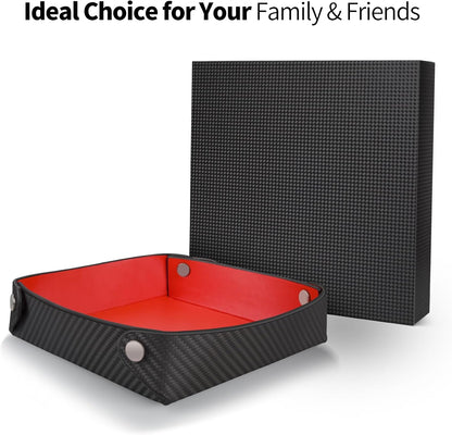 Leather Catchall Tray for Men, Valet Tray Organizer for Wallet, Keys, Accessories,Leather Carbon Fiber Desktop Storage Tray,Red