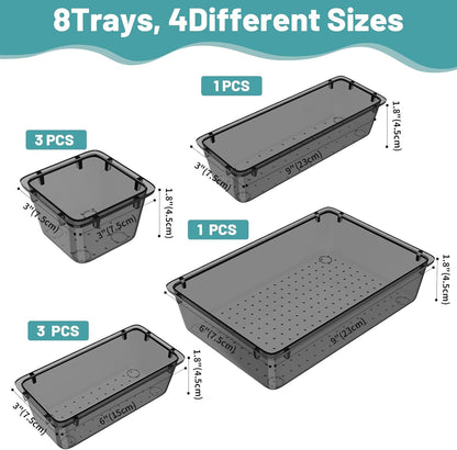WOWBOX 32 PCS Clear Plastic Drawer Organizer Set, 4 Sizes Desk Drawer Organization and Storage Containers for Makeup, Cosmetics, Jewelry and Gadgets in Kitchen, Bathroom, Bedroom, Office, Clear Black