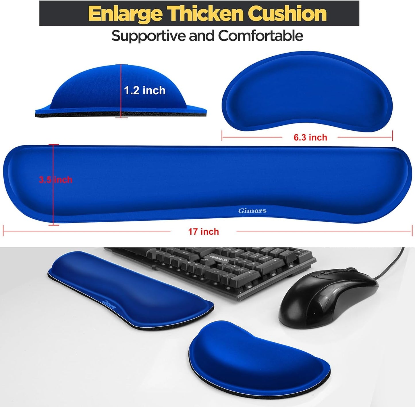 Gimars Upgrade Enlarge Silky and Superfine Fabric Gel Memory Foam Keyboard Wrist Rest Set, Ergonomic Keyboard Mouse Wrist Support for Typing Pain Relief, Comfort for Office, Gaming, Computer