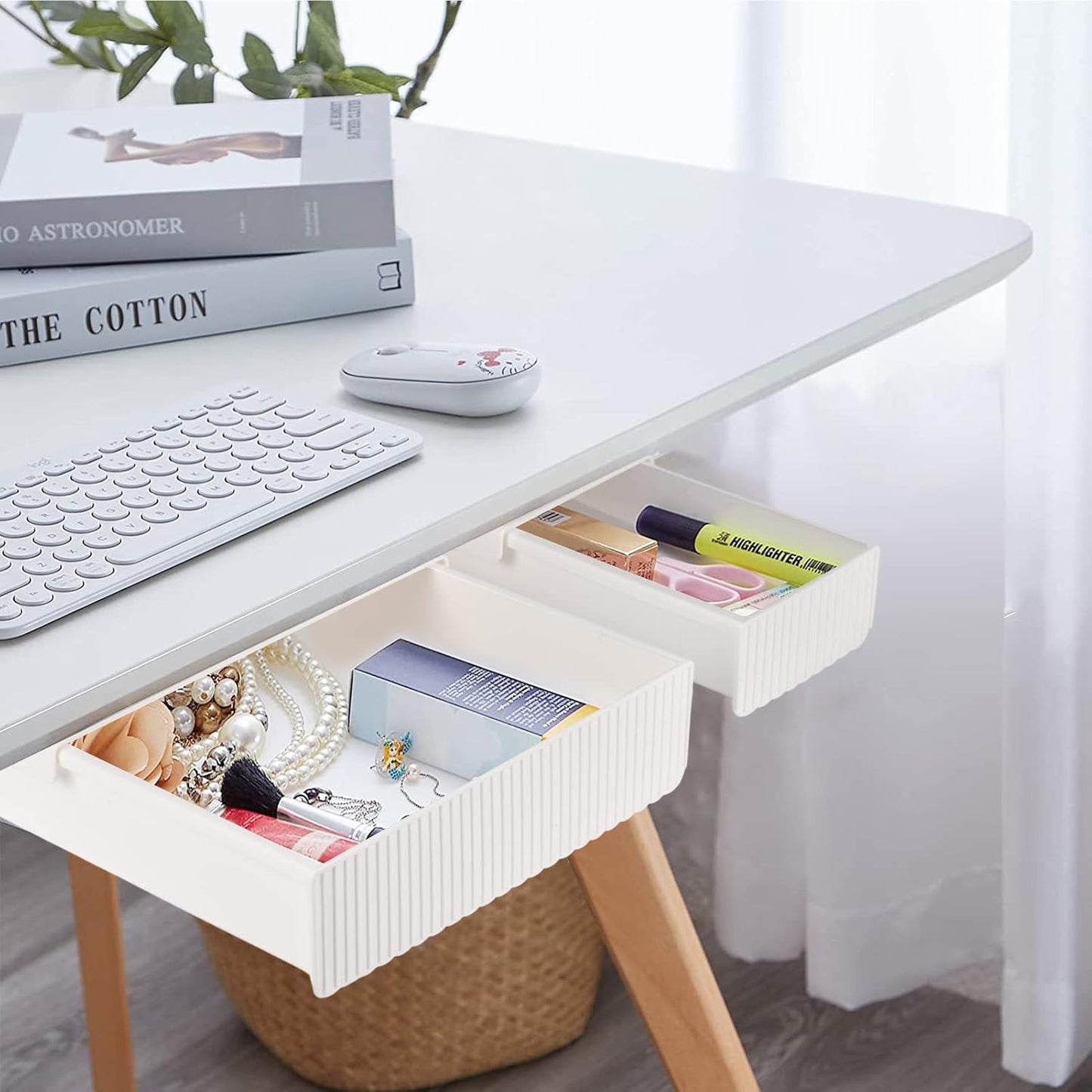 YOOUSOO 2 Pack Under Desk Drawer Storage, Under Desk Organizer, Hidden Self-Adhesive Desks Drawers Slide-out, Stick on Desks Drawer White, Under Mount Drawers for Office/Classroom/Home