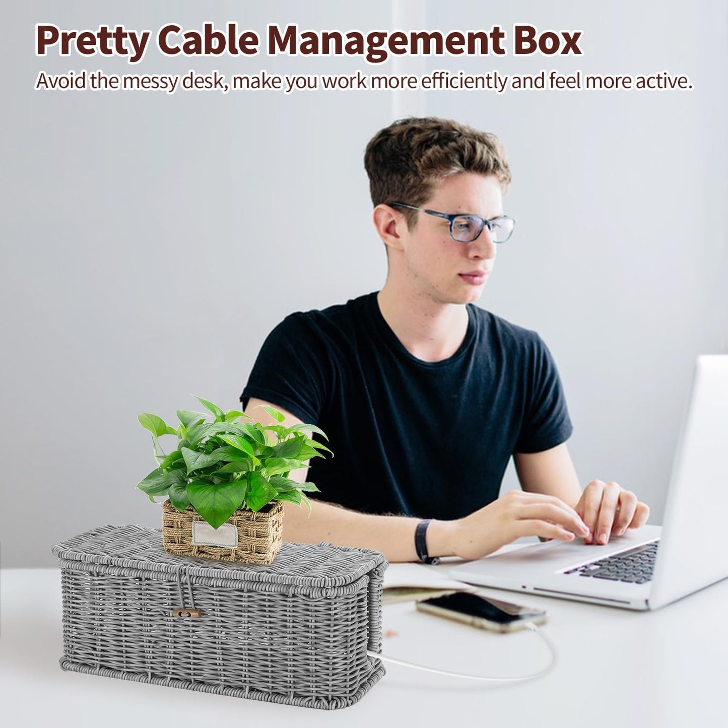 Cable Management Box, Desk Handwoven Rattan Cord Hider Cable Organizer Box With Lid Button Lock, Power Strip Cover Wicker Decorative Basket, Floor Wire Hiding Extension Cord Box (dark brown)