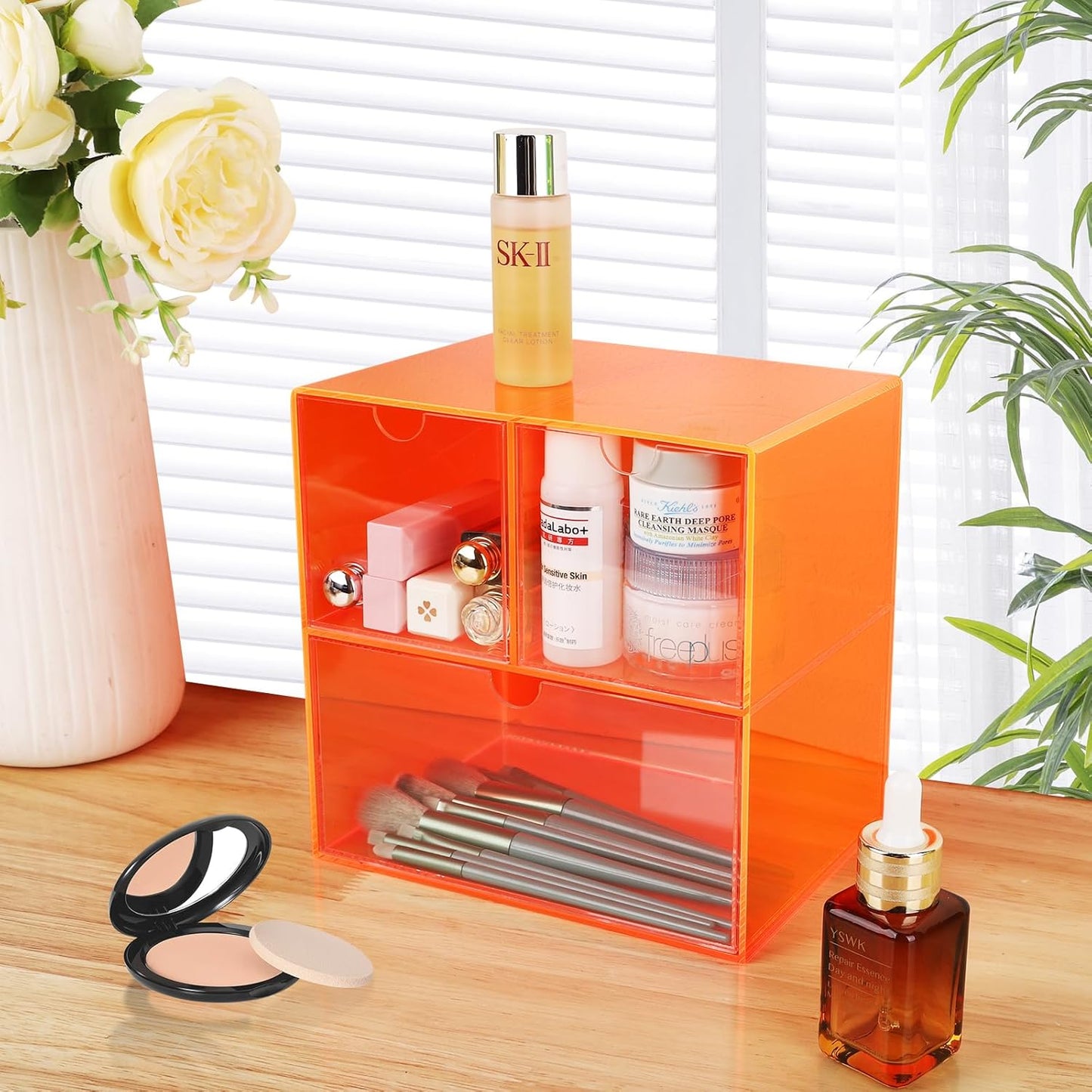 Gelite Desk Organizer with 3 Storage Drawers for Makeup Office Acrylic Desktop Drawer Organizer for Vanity Office Organization and Storage Box, Neon Pink