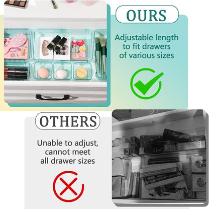 14 Pcs Adjustable Clear Drawer Organizer, Extendable Vanity Storage Bins, Desk Drawer Organizer Set for Makeup, Cosmetics, Bedroom, and Gadgets, Purple