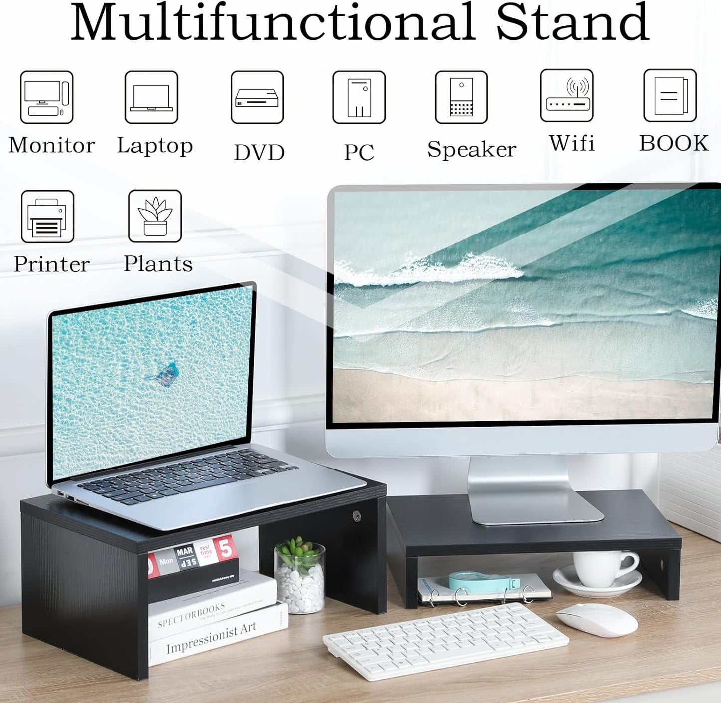 TEAMIX Adjustable White Monitor Stand Riser - 2 Pack, Wood 2 Tier Adjustable Stand for 2 Monitors/Laptop/PC