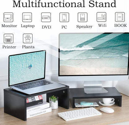 TEAMIX Adjustable White Monitor Stand Riser - 2 Pack, Wood 2 Tier Adjustable Stand for 2 Monitors/Laptop/PC