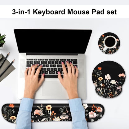 Ergonomic Mouse Pad with Wrist Rest and Keyboard Wrist Rest, Memory Foam Wrist Rest for Computer Keyboard, Easy Typing, Pain Relief, Mouse Pad Wrist Support for Gaming,Office, Laptop, Black Flower