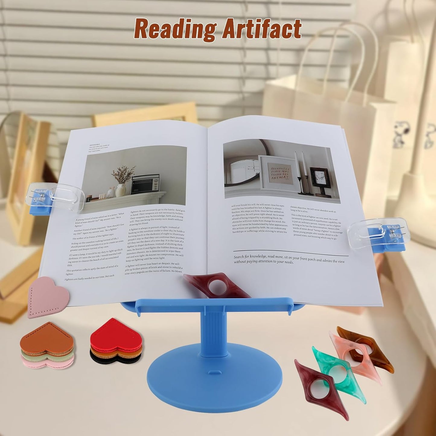 Kids Book Stand, Adjustable Reading Holder, Thick Base, Foldable Reading Stand with Elastic Page Clips, for 8.5"×11" or Smaller, Gift for Children's Day, Pink