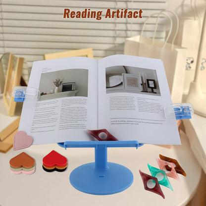 Kids Book Stand, Adjustable Reading Holder, Thick Base, Foldable Reading Stand with Elastic Page Clips, for 8.5"×11" or Smaller, Gift for Children's Day, Pink