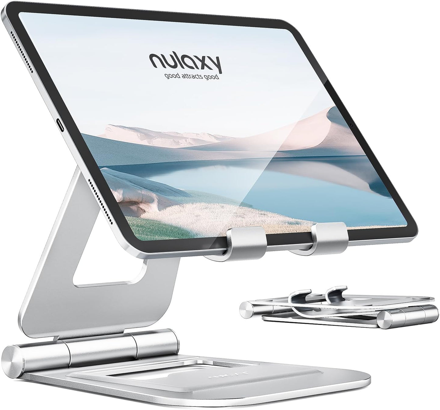 Nulaxy Aluminum Dual Foldable iPad Stand, Fully Adjustable Desktop Tablet Holder, Tablet Accessories for Office Kindle Compatible with Mobile Devices iPad Pro/Air/Mini, iPhone Pro/Max/Plus, Black