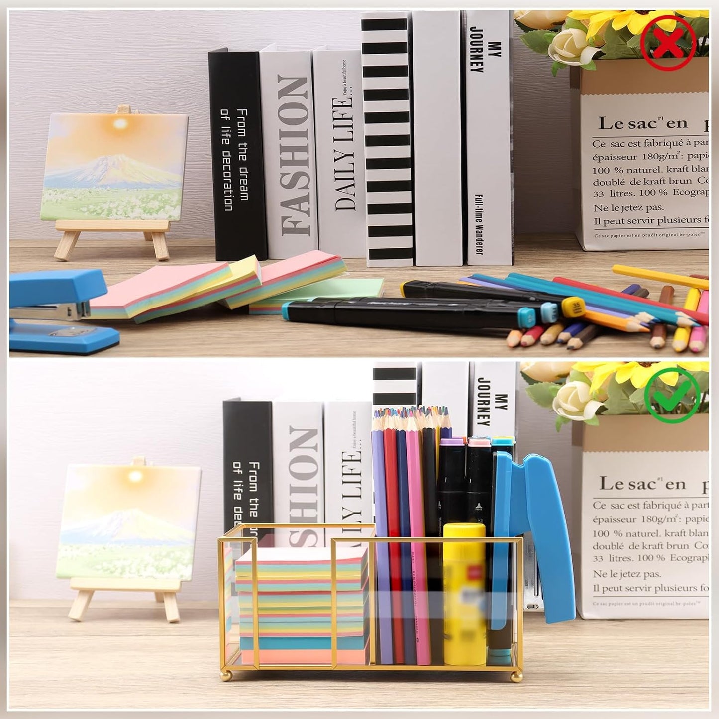 Sticky Note Holder,Glass Post It Note Dispenser with Pen Slot,Gold 3 x 3 Inch Post It Note Holder for Desk,Stylish Sticky Note Dispenser for Home Office Desk