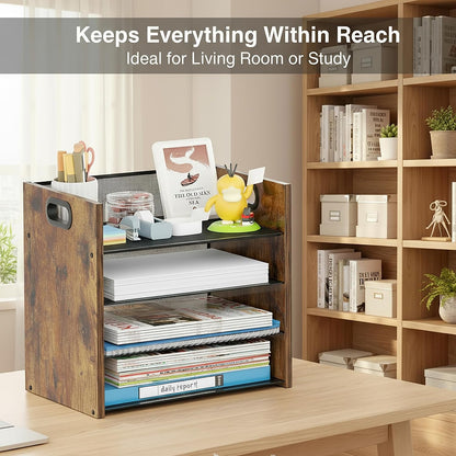 Wood Desk Organizer - 3-Tier Desktop File Organizer with Drawer, Wooden Paper Tray, Office Desk Organzier and Accessories for Papers, Mail, Notebooks, Stationery